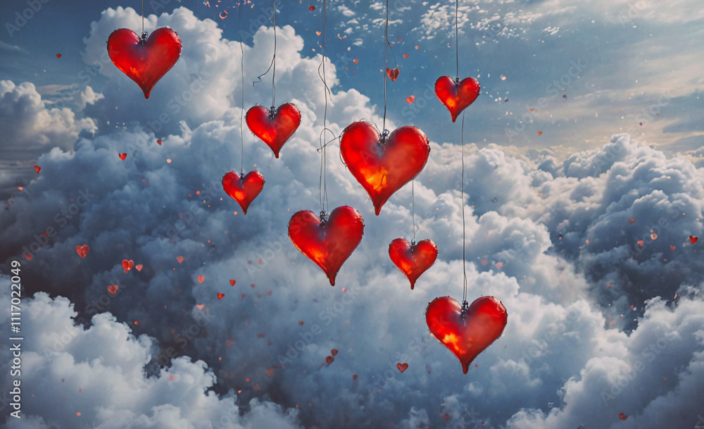 Aufkleber bunch of red hearts are hanging from the sky. there are at least nine of them. the sky is cloudy and