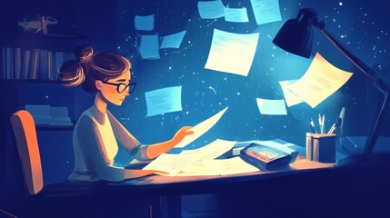 "A businesswoman working late at night with papers spread out on her desk