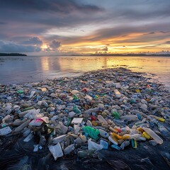 Plastic pollution on beach at sunset.