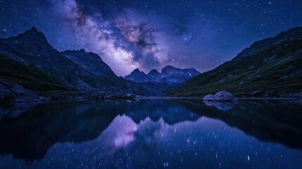 A breathtaking view of the Milky Way over a quiet mountain lake, reflecting in the water