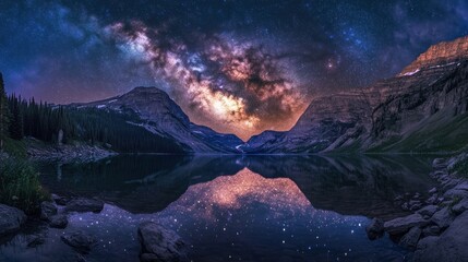 A breathtaking view of the Milky Way over a quiet mountain lake, reflecting in the water