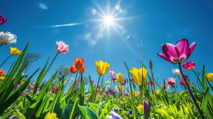 A vibrant field of blooming flowers under a bright sun.