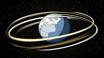 Fototapeta premium Earth axis diagram illustration showing the tilt of the Earth's rotational axis relative to its orbital plane, explaining the cause of seasonal changes and the distribution of sunlight.