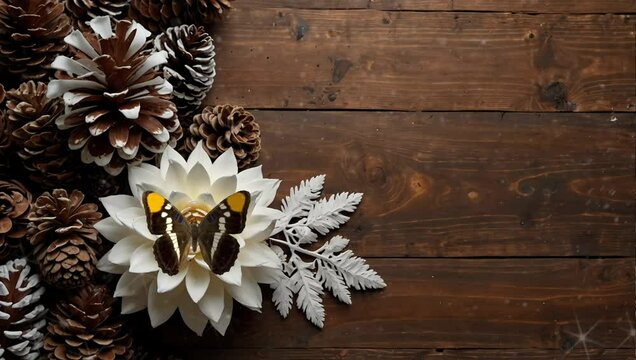 A wooden board filled with roses and pinecones. Seamless 4K looping timelapse video animation background