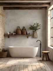 Serene Minimalist Bathroom with Freestanding Tub, Wooden Stool, and Natural Decor Elements Including Plants and Woven Baskets, Bathed in Soft Natural Light.