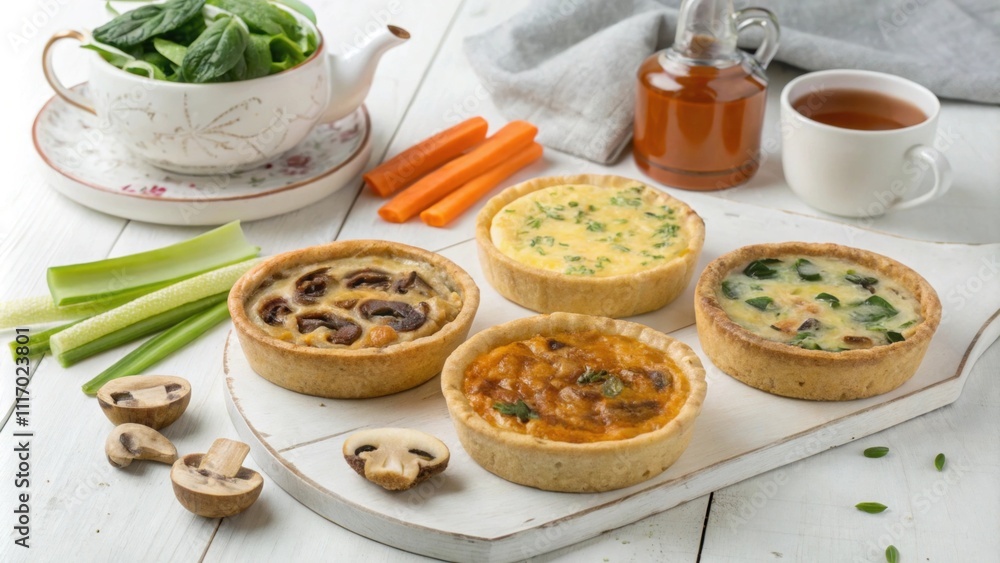 Aufkleber a simple allwhite table is adorned with an array of savory quiches each varying in color and filling