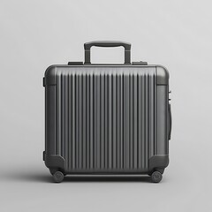 Fototapeta premium A sleek dark grey carry on suitcase sits on a plain background