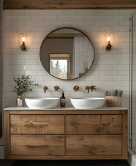 Modern Bathroom Design with Round Mirror, Wooden Vanity, and Elegant Lighting Fixtures. A Contemporary Space with Minimalist Decor and Subtle Touches of Greenery.
