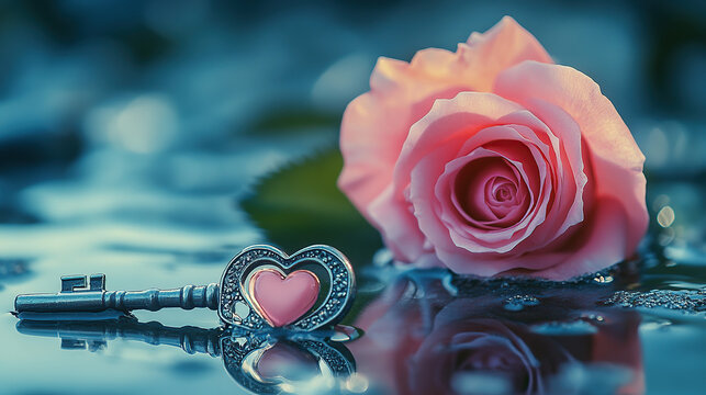 A pink rose and a silver key with a heart-shaped handle lying on the surface of the water