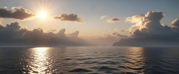 Obraz premium Misty clouds covering the sun on a tranquil ocean, cloudy, sea, calmness