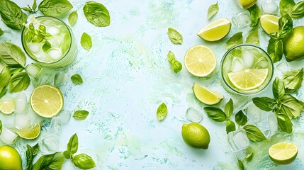 Refreshing drink preparation kitchen beverage photography bright environment aerial view mint and lime concept