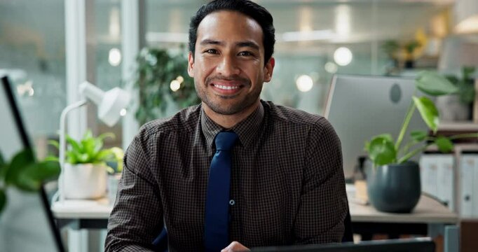 Happy, face or Asian businesswoman on laptop with smile, opportunity or investment banking career. Finance, portrait or proud professional banker with confidence, budget or financial report in Japan