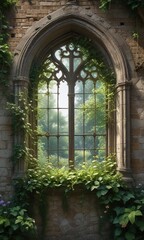 Fototapeta premium Overgrown church window with lush green vines and flowering plants , overgrown, vines
