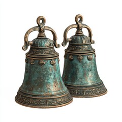 3D Render of a Pair of Antique Bronze Christmas Bells with Patina, on isolated white background