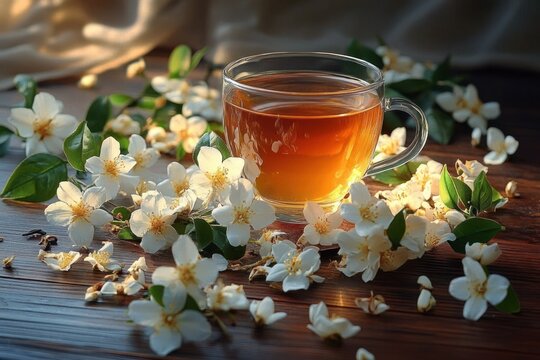 green tea with jasmine flowers clear glass cup tea loose leaves fresh aroma healthy antioxidant