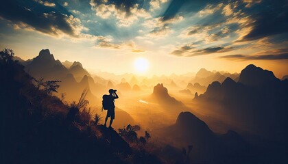 Fototapeta premium A hiker taking in a panoramic view, silhouette, action photography, aesthetics,