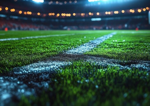 American Football Field Under Stadium Lights Ready for Night Game at Midfield