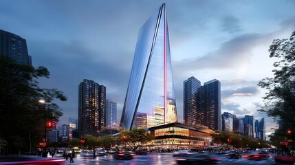 Obraz premium Modern skyscraper at dusk, city street scene with traffic and pedestrians.