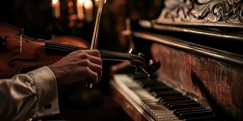 A musician playing a classical instrument, such as a piano or violin, in a sophisticated setting.