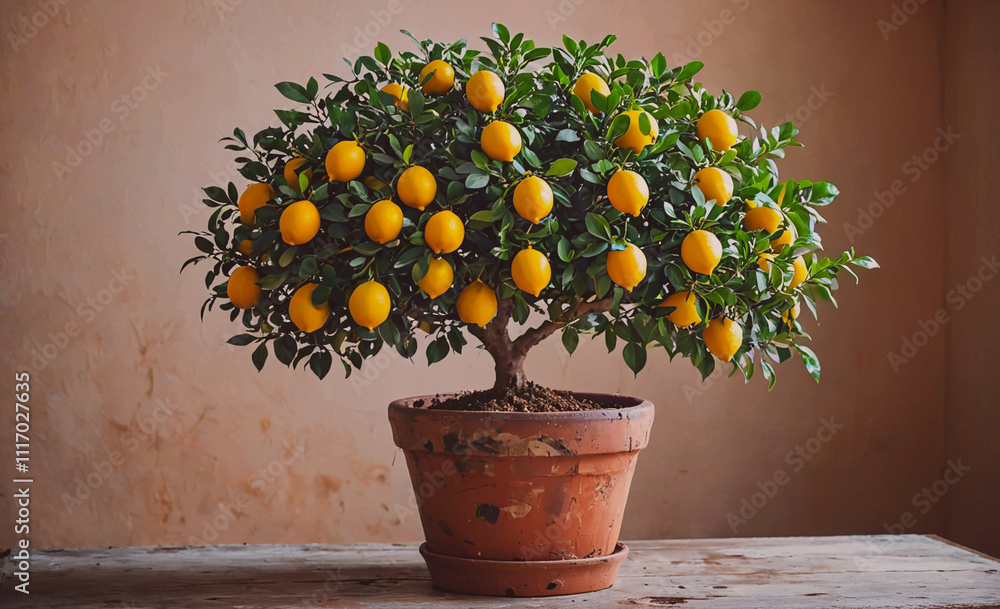 Poster Small orange tree with many oranges in a pot. The pot is on a table. The oranges are in different positions, some are on the top, some are on the bottom, and some are in the middle
