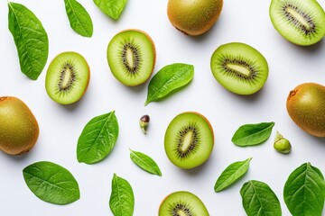 Fototapeta premium A lively arrangement of fresh kiwi fruit, both whole and sliced on a white background