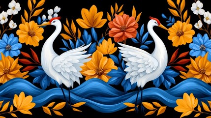 Two white cranes amidst vibrant floral arrangement and blue wavy water design.