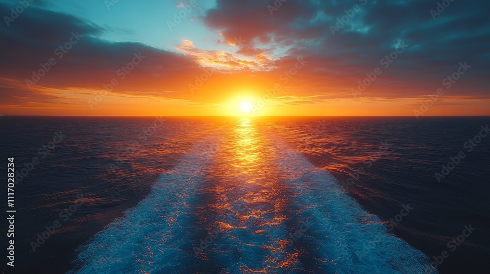 Poster as the sun sets over the vast ocean, vibrant colors fill the sky while gentle waves create a serene 