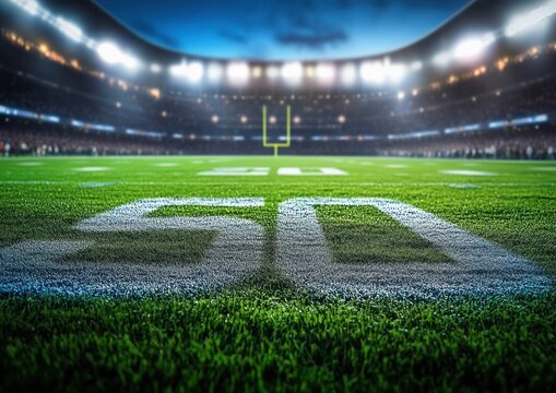 Vibrant Football Field Under Stadium Lights Ready for Action at the 50 Yard Line