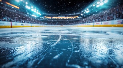 Ice Hockey Rink Arena Dynamic Scene Dramatic Spotlighting Glossy Ice Texture Excited Crowd Perspective