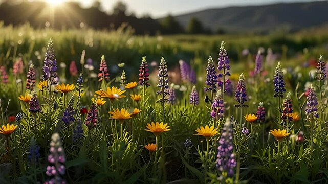 Some colorful flowers on the hills at sunset. Seamless 4K looping timelapse video animation background