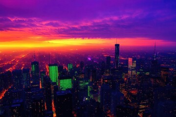Obraz premium A vibrant sunset over a city skyline, showcasing colorful lights.