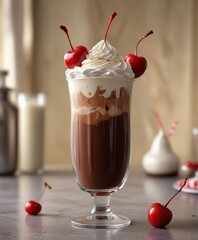 Tall glass filled with a thick and creamy chocolate milkshake topped with a generous dollop of whipped cream and a maraschino cherry in the background, creamy beverage, classic dessert drink