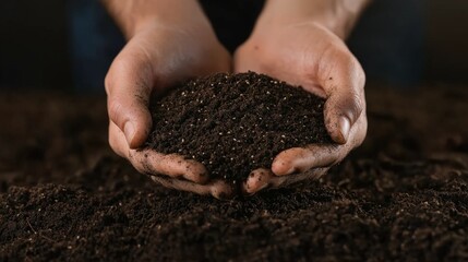 Hands cupping rich, dark soil; close-up view of fertile earth.