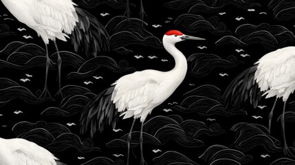 Elegant red-crowned crane pattern on black background.