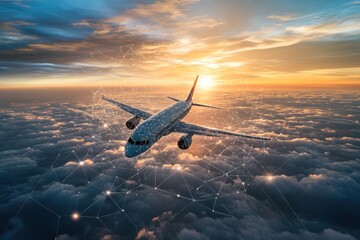 Naklejka premium Aerial view of airplane above clouds with digital lines symbolizing global connectivity