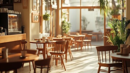A Modern Cafe Interior with Wooden Tables and Chairs, Sunbeams Stream Through Large Windows