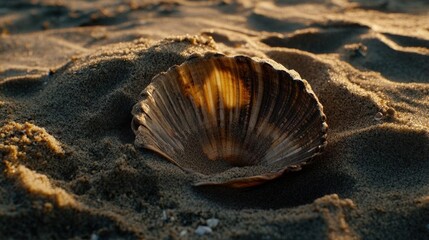 A seashell resting on sandy beach, illuminated by soft sunlight.
