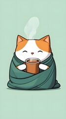 cat snuggled up in a blanket sipping hot coffee