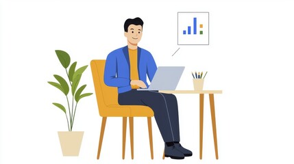 Young Man Working on Laptop, Office Illustration | Flat design