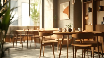 Obraz premium A Sunny Cafe Interior with Wooden Chairs and a Small Table