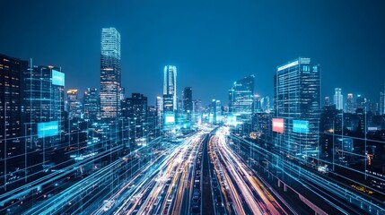 Obraz premium Night cityscape with digital overlay showing data streams and connections.