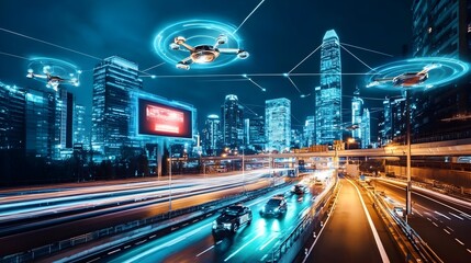 Fototapeta premium Night cityscape with multiple drones delivering packages over highway traffic.