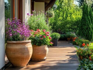 Fototapeta premium Cozy villa patio with decorative plants and wooden flooring - ai