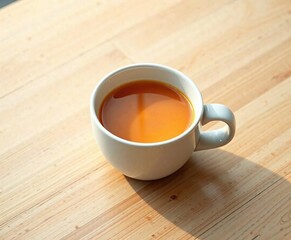 Obraz premium Warm liquid in a white ceramic cup on a light wooden surface , light wood table, morning scene