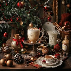 Fototapeta premium Festive eggnog with Christmas decorations.