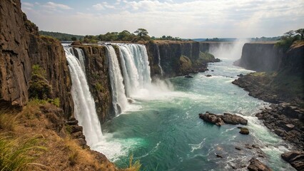 Fototapeta premium Water pours over the edge of a steep cliff forming a crystal clear pool at the base, natural, pool, clear, aquatic