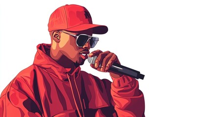 a 2D cartoon illustration of a rapper holding a microphone, confident and bold, white background--ar 16:9