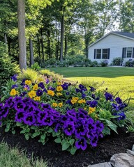 Vibrant flower bed with purple and yellow pansies near a house.