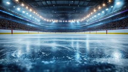 Ice Hockey Arena Dynamic Scene with Spectators Spotlight and Glossy Ice