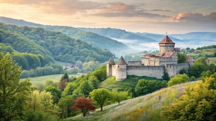 Watercolor painting of a medieval fortress surrounded by lush greenery, botanicals, structure
